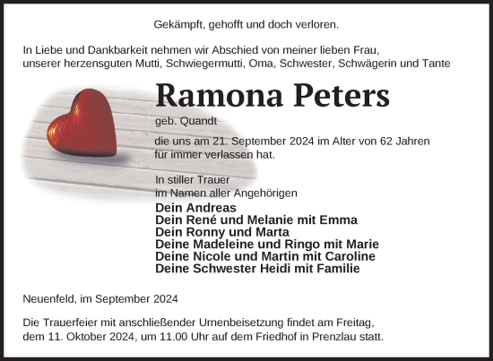 Traueranzeige von Ramona Peters von Uckermark Kurier Prenzlauer Zeitung