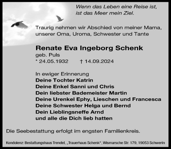 Traueranzeige von Renate Eva Ingeborg Schenk von Güstrow und Bützow