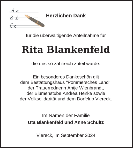 Traueranzeige von Rita Blankenfeld von Nordkurier Pasewalker Zeitung