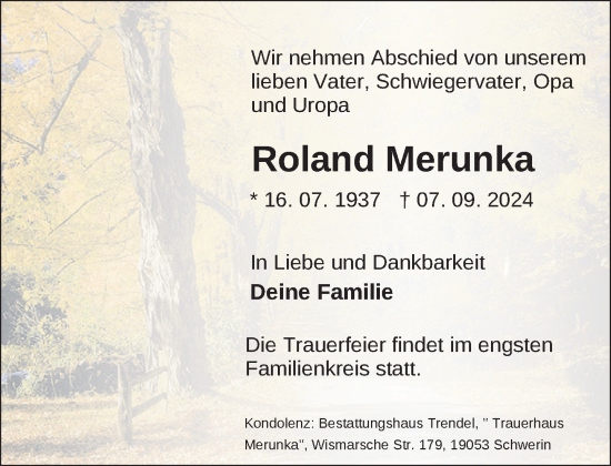 Traueranzeige von Roland Merunka von Zeitung für die Landeshauptstadt