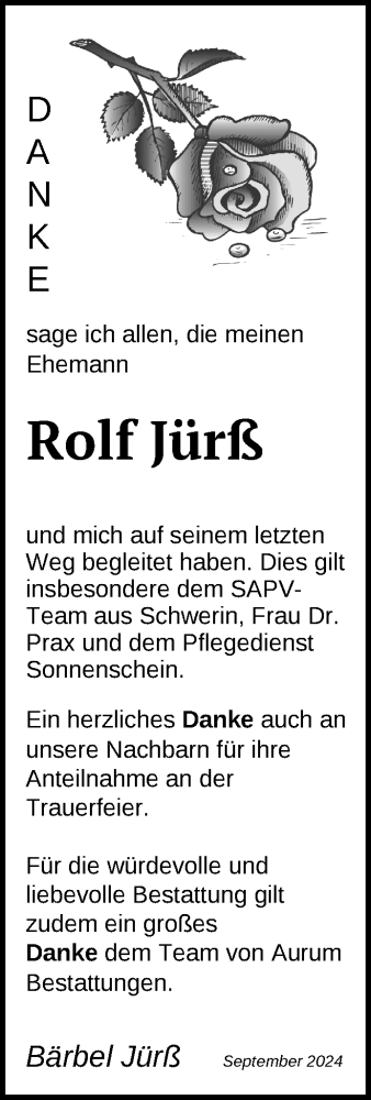 Traueranzeige von Rolf Jürß von Zeitung für die Landeshauptstadt