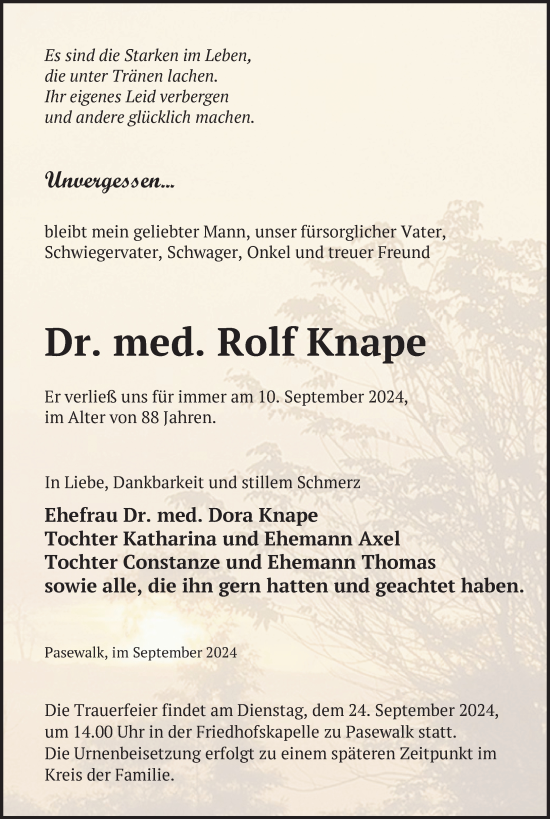 Traueranzeige von Rolf Knape von Nordkurier Pasewalker Zeitung