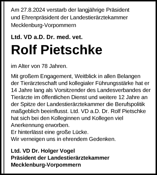 Traueranzeige von Rolf Pietschke von Nordkurier Mecklenburger Schweiz