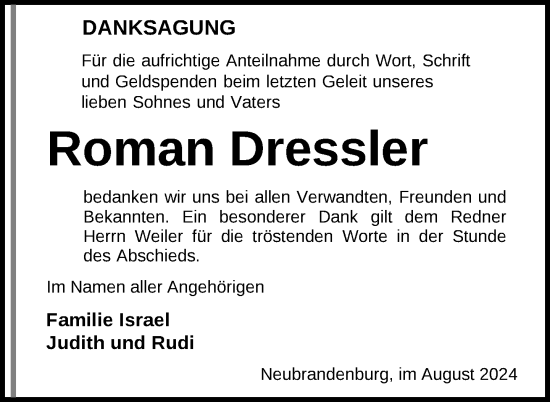 Traueranzeige von Roman Dressler von Nordkurier Neubrandenburger Zeitung