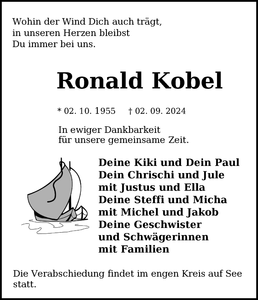  Traueranzeige für Ronald Kobel vom 14.09.2024 aus Gadebusch - Rehnaer Zeitung