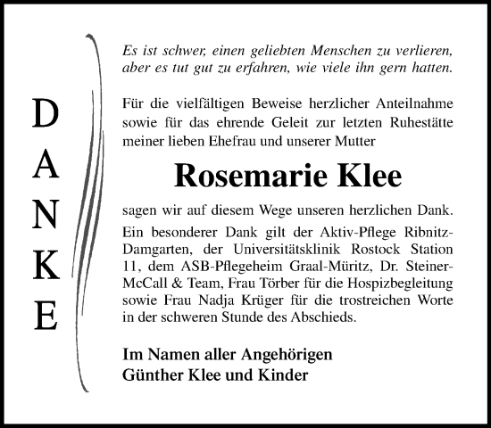 Traueranzeige von Rosemarie Klee von Norddeutsche Neueste Nachrichten