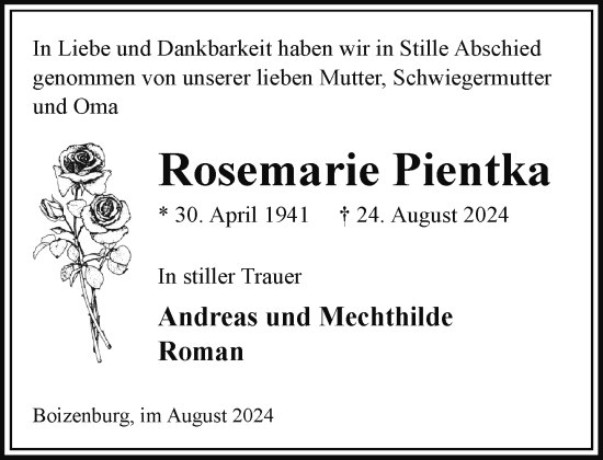 Traueranzeige von Rosemarie Pientka von Hagenower Kreisblatt