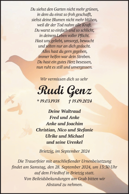 Traueranzeige von Rudi Genz von Nordkurier Pasewalker Zeitung