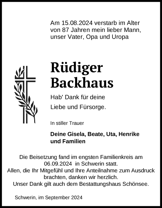 Traueranzeige von Rüdiger Backhaus von Zeitung für die Landeshauptstadt