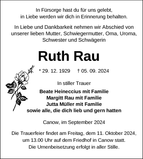 Traueranzeige von Ruth Rau von Nordkurier Strelitzer Zeitung