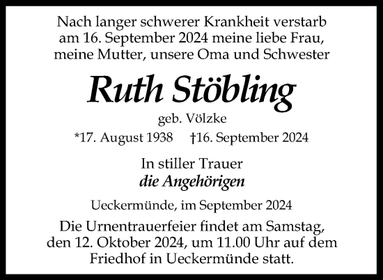 Traueranzeige von Ruth Stöbling von Nordkurier Haff-Zeitung