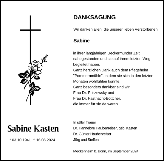 Traueranzeige von Sabine Kasten von Nordkurier Haff-Zeitung