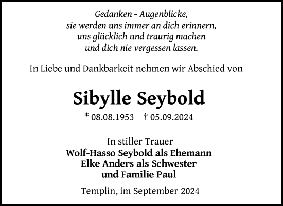 Traueranzeige von Sibylle Seybold von Uckermark Kurier Templiner Zeitung