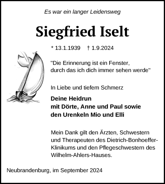 Traueranzeige von Siegfried Iselt von Nordkurier Neubrandenburger Zeitung