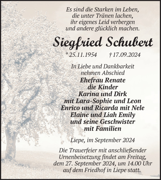 Traueranzeige von Siegfried Schubert von Nordkurier Haff-Zeitung