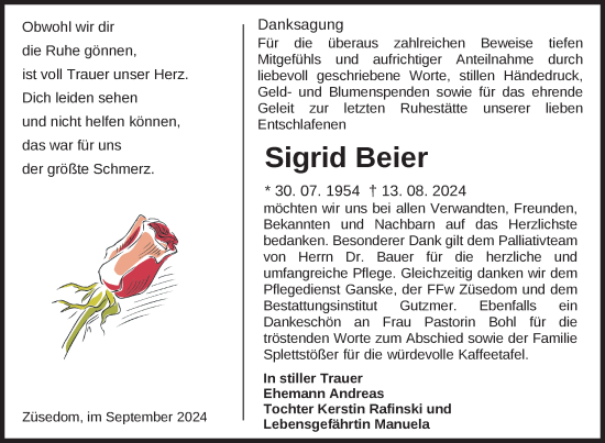 Traueranzeige von Sigrid Beier von Nordkurier Pasewalker Zeitung