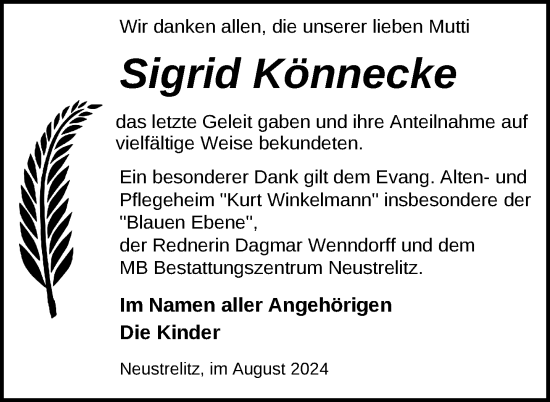 Traueranzeige von Sigrid Könnecke von Nordkurier Strelitzer Zeitung