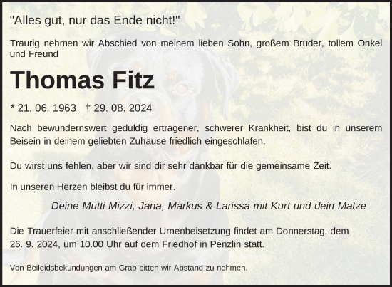 Traueranzeige von Thomas Fitz von Nordkurier Neubrandenburger Zeitung