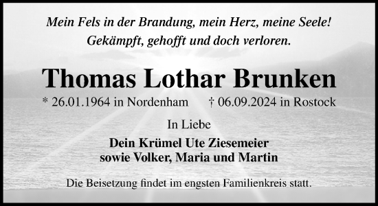 Traueranzeige von Thomas Lothar Brunken von Norddeutsche Neueste Nachrichten