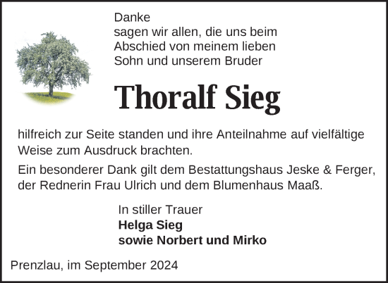 Traueranzeige von Thoralf Sieg von Uckermark Kurier Prenzlauer Zeitung