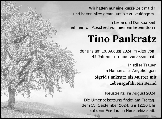 Traueranzeige von Tino Pankratz von Nordkurier Strelitzer Zeitung