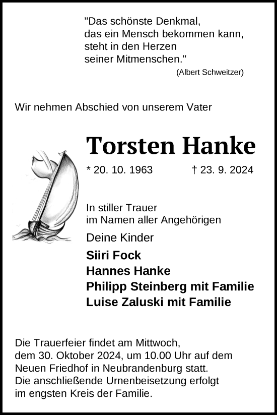 Traueranzeige von Torsten Hanke von Nordkurier Neubrandenburger Zeitung