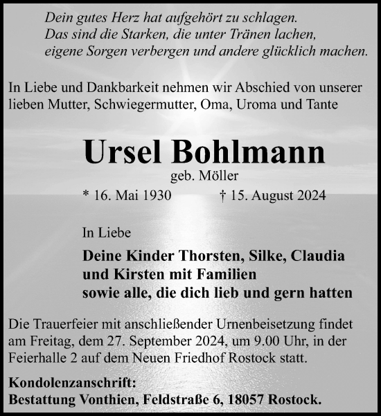 Traueranzeige von Ursel Bohlmann von Norddeutsche Neueste Nachrichten