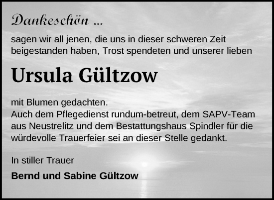 Traueranzeige von Ursula Gültzow von Nordkurier Mecklenburger Schweiz