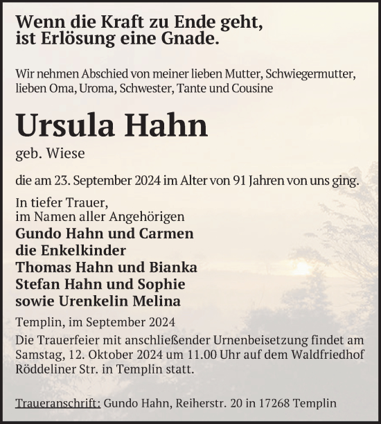 Traueranzeige von Ursula Hahn von Nordkurier Haff-Zeitung