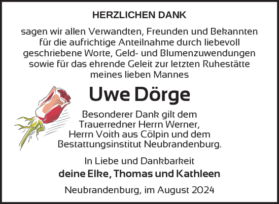 Traueranzeige von Uwe Dörge von Nordkurier Neubrandenburger Zeitung