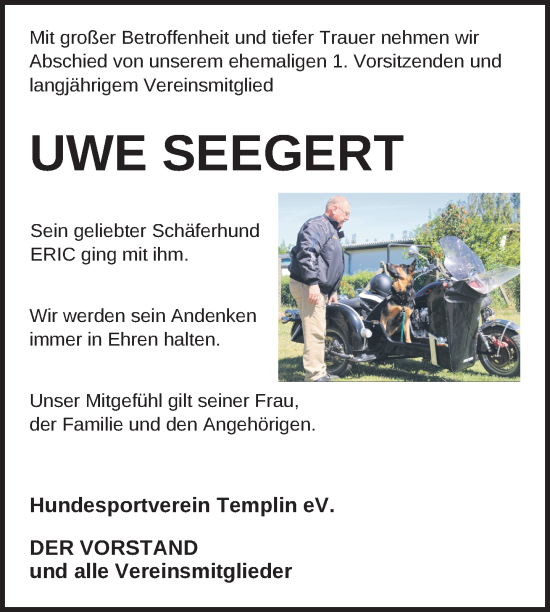 Traueranzeige von Uwe Seegert von Uckermark Kurier Templiner Zeitung