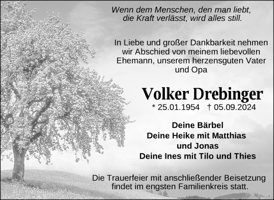 Traueranzeige von Volker Drebinger von Nordkurier Neubrandenburger Zeitung