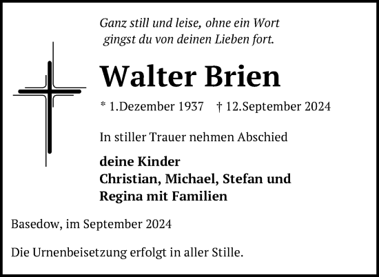 Traueranzeige von Walter Brien von Nordkurier Mecklenburger Schweiz