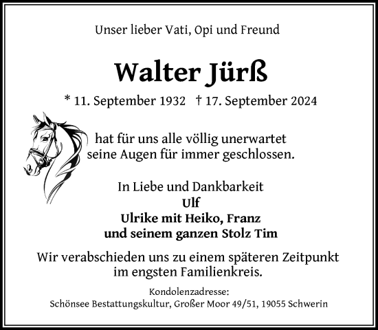 Traueranzeige von Walter Jürß von Zeitung für die Landeshauptstadt