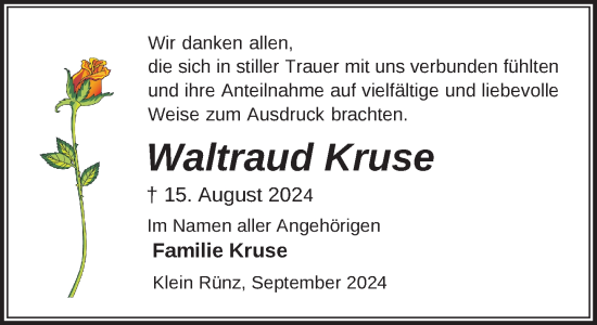 Traueranzeige von Waltraud Kruse von Gadebusch - Rehnaer Zeitung