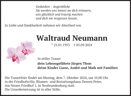 Traueranzeige von Waltraud Neumann von Nordkurier Neubrandenburger Zeitung