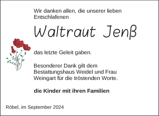 Traueranzeige von Waltraut Jenß von Nordkurier Müritz-Zeitung