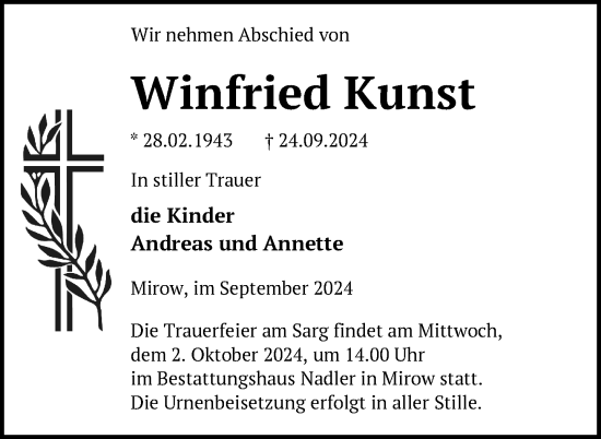 Traueranzeige von Winfried Kunst von Nordkurier Strelitzer Zeitung