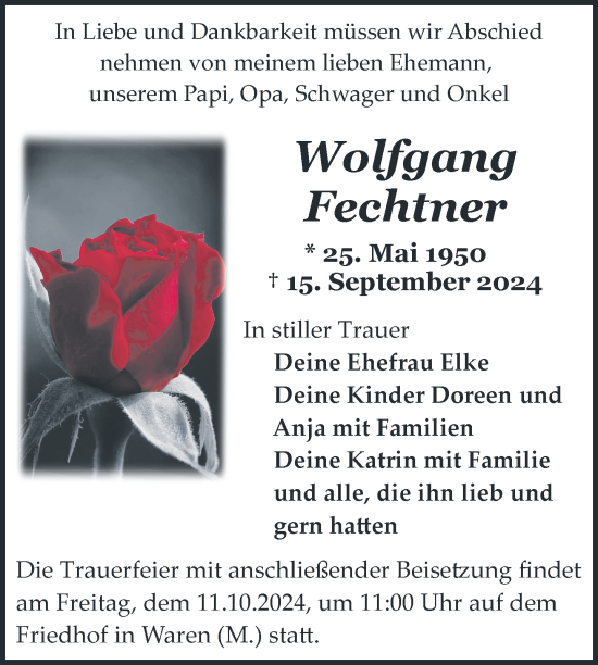 Traueranzeige von Wolfgang Fechtner von Nordkurier Müritz-Zeitung