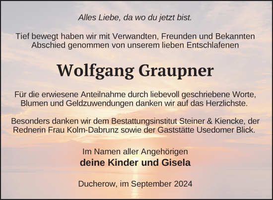 Traueranzeige von Wolfgang Graupner von Nordkurier Vorpommern Kurier