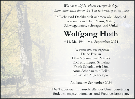 Traueranzeige von Wolfgang Hoth von Nordkurier Vorpommern Kurier