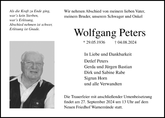 Traueranzeige von Wolfgang Peters von Norddeutsche Neueste Nachrichten