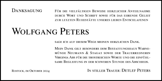 Traueranzeige von Wolfgang Peters von Norddeutsche Neueste Nachrichten