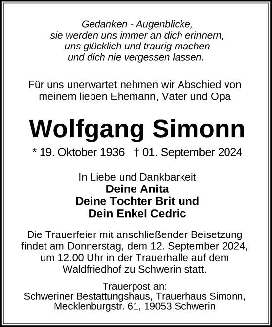 Traueranzeige von Wolfgang Simonn von Zeitung für die Landeshauptstadt