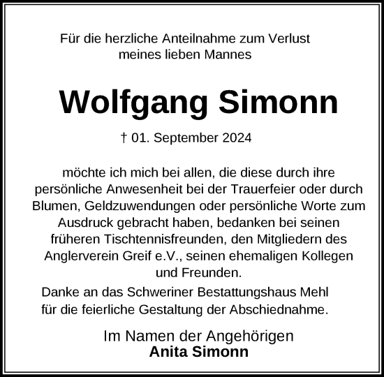 Traueranzeige von Wolfgang Simonn von Zeitung für die Landeshauptstadt