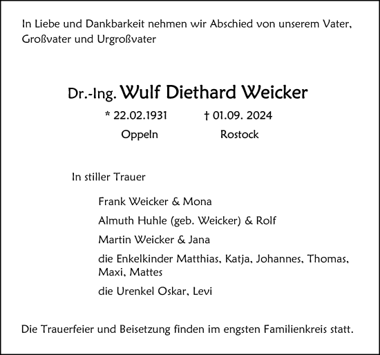 Traueranzeige von Wulf Diethard Weicker von Norddeutsche Neueste Nachrichten