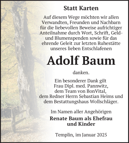 Traueranzeige von Adolf Baum von Uckermark Kurier Templiner Zeitung