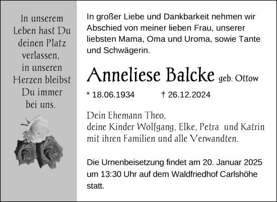 Traueranzeige von Anneliese Balcke von Nordkurier Neubrandenburger Zeitung