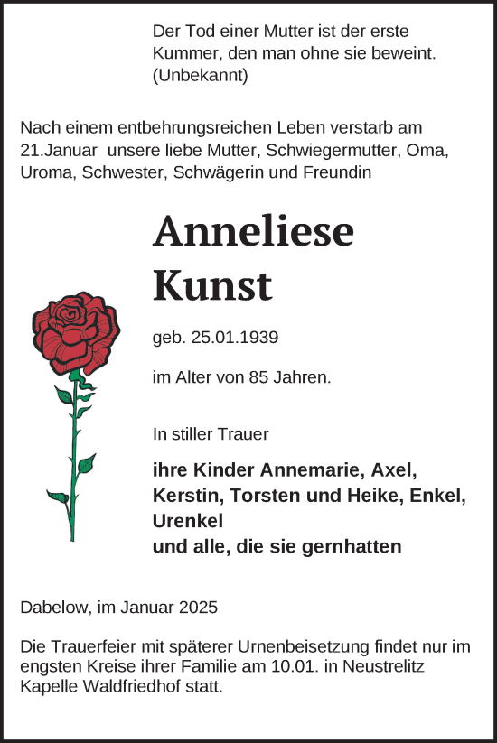 Traueranzeige von Anneliese Kunst von Nordkurier Strelitzer Zeitung