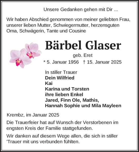 Traueranzeige von Bärbel Glaser von Gadebusch - Rehnaer Zeitung